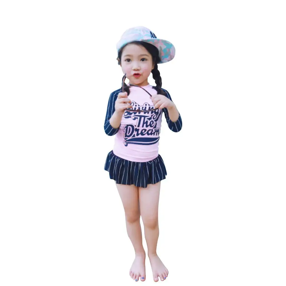 Kidlove/милый солнцезащитный Лонгслив для девочек; купальный костюм; комплект с шортами - Цвет: Pink stripe