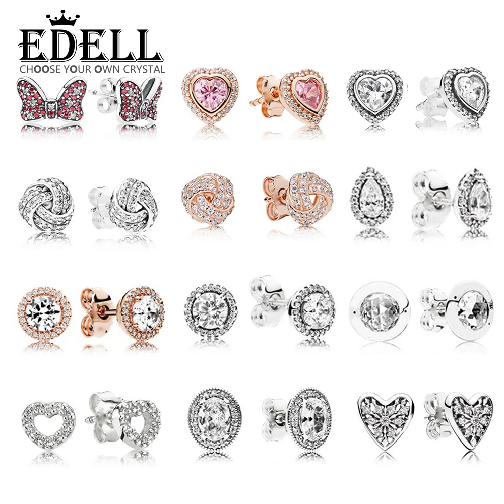 

EDELL 100% 925 Sterling Silver 1:1 Charm Bow Heart-Shaped Rose Gold Teardrop Zircon Round Female Elegant Stud Earrings Pan