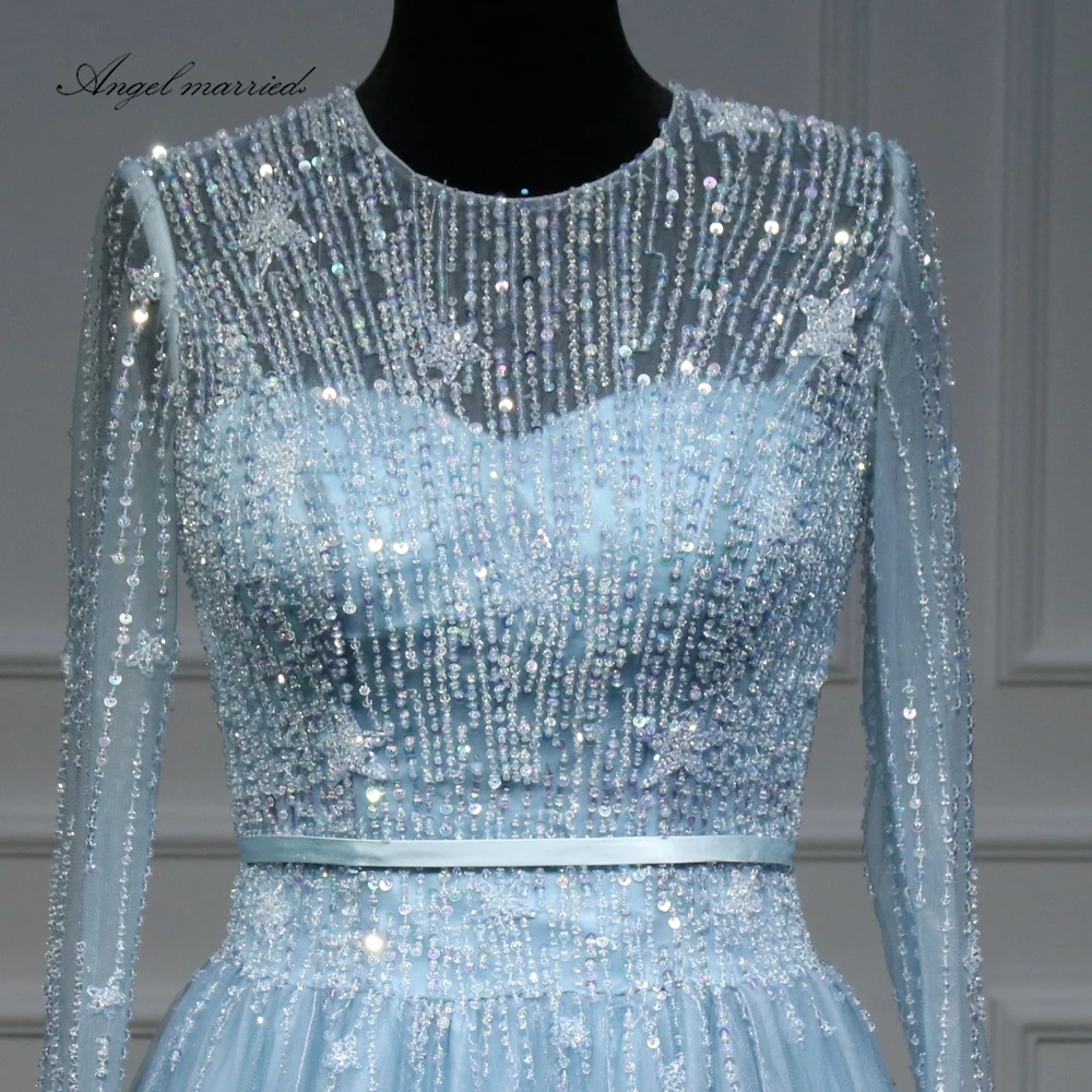 elegant blue Evening Dresses long sleeve banquet dress beaded women pageant gown a line tulle prom dress vestido de festa