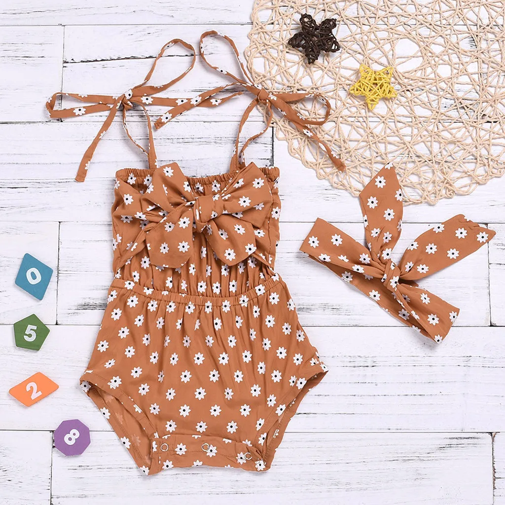 

Infant Baby Girl Floral Print Bow Vest Romper Playsuit Jumpsuit+Headband Clothes Summer Beauty Holiday Outfits Clothes