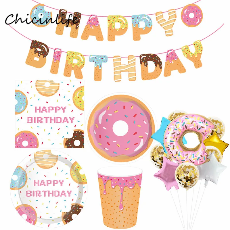 

Chicinlife Doughnut Banner Paper Cup Napkin Plates Happy Birthday Anniversary Baby Shower Candy Bar Party Decoration Donut Party