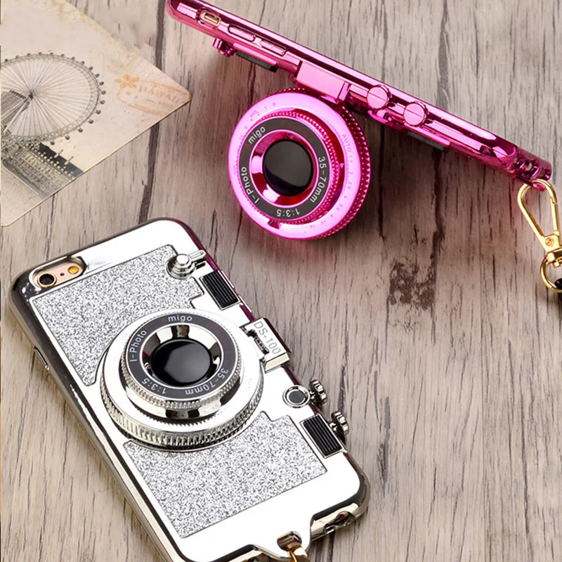 Goedkoop Sparkle Camera Spiegel Stand Ketting Case voor iPhone 7 8 6 s Plus X Bling Glitter Telefoon Gevallen voor coque iPhone 6 Plus 7 Plus 8 Plus