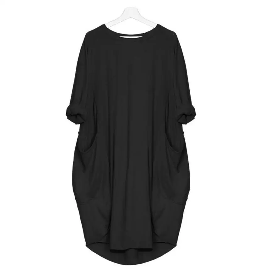 Купить Spring Summer Long Blusas 2019 Sleeve Pocket Dress Solid O Neck Casual Loose Dresses Vestidos Plus Size clothing women  Женская одежда | Женские платья (32847620943)