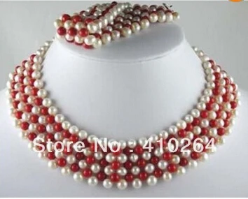 

hot sell Hand-knit white Pearl Red Coral Necklace Bracelet jewelry Set