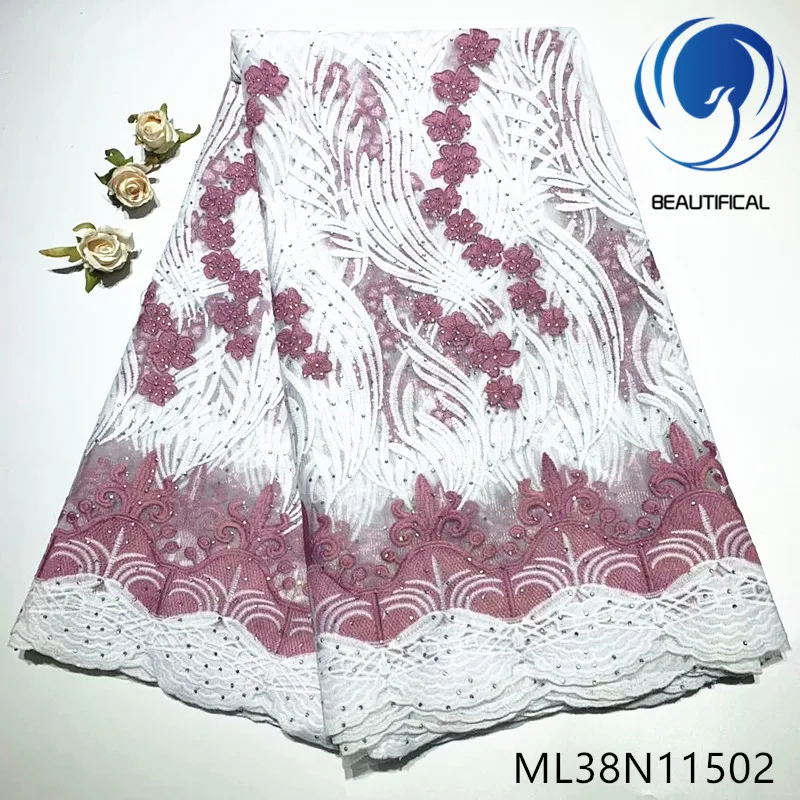 

Beautifical nigerian lace fabrics embroidery net lace stones fabric Top sale 5yards lace fabric for wedding dress ML38N115