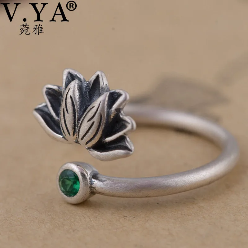 

V.YA Retro Green CZ Crystal Open Rings For Women Real Pure 925 Silver Lotus Flower Ring Jewelry Accessories High Quality