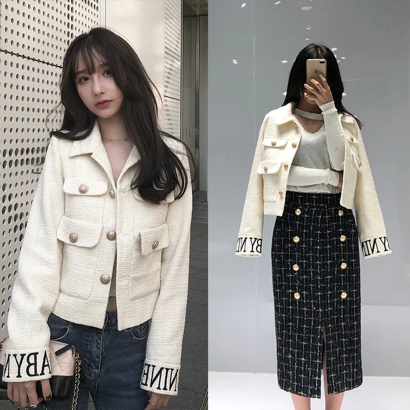 

2018 Autumn Winter Women Short Letters Tweed Knitted Pockets Blazers Singe Breasted Jackets Coat Ladies Elegant Outerwear S7015