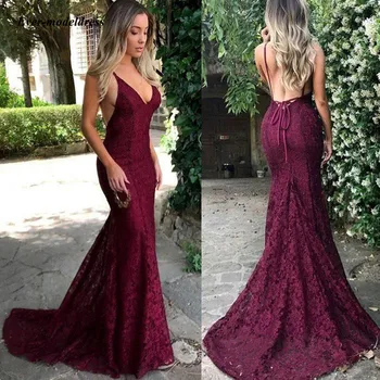 

Burgundy Mermaid Bridesmaid Dresses 2019 Lace Spaghetti Straps V-Neck Open Back Wedding Guest Party Gown vestido de festa longo