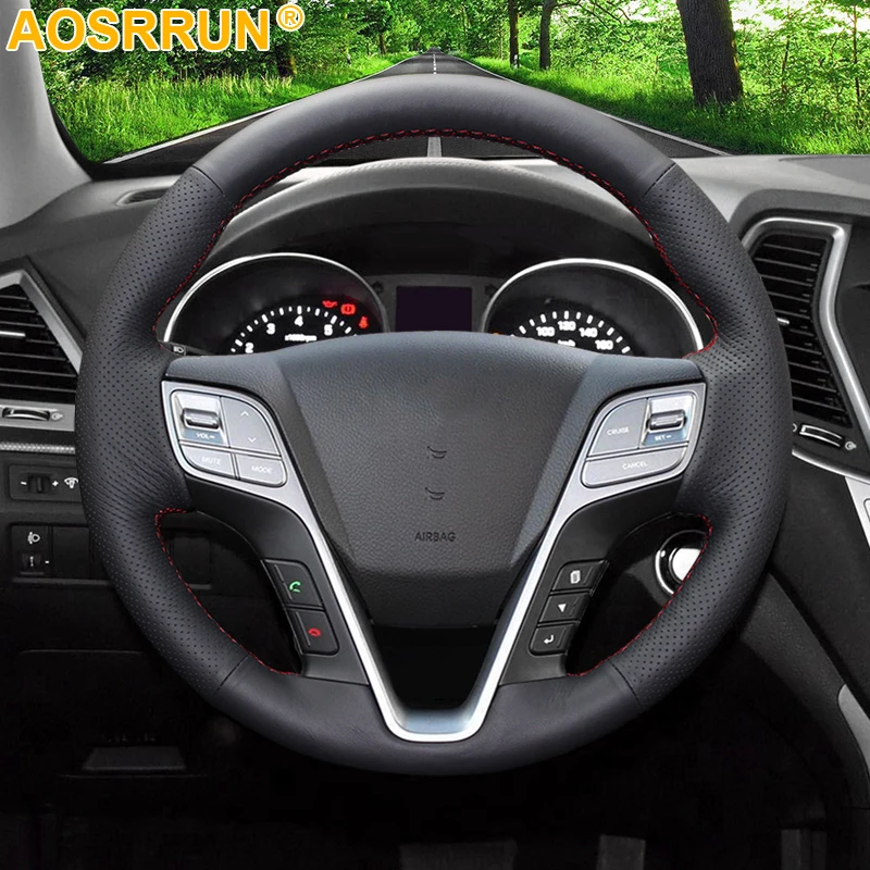 AOSRRUN Black Leather Hand-stitched Car Steering Wheel Cover for Hyundai ix45 Santa Fe 2013 2014 2015 2016 Car Accessories AOSRRUN Black Leather Hand-stitched Car Steering Wheel Cover for Hyundai ix45 Santa Fe 2013 2014 2015 2016 Car Accessories