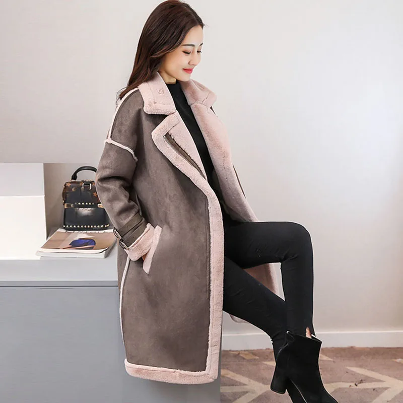 Jaqueta De Couro Feminino, Зимняя женская замшевая кожаная куртка, Женская длинная куртка из овечьей шерсти, мотоциклетная теплая куртка на молнии, верхняя одежда - Цвет: Серый