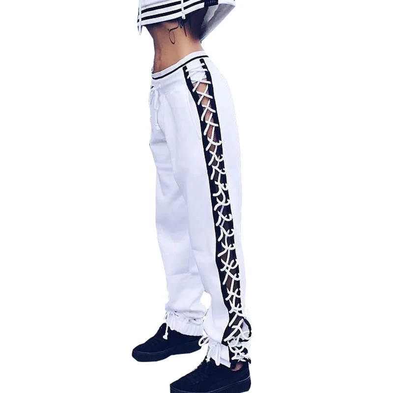 New fashion drawstring lace up pants women Patchwork cotton Loose Harem