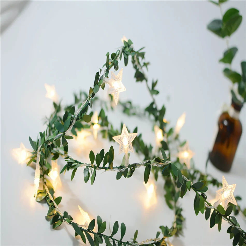 

DIY Handmade Green Leaf String Led With Star Hanging 3Meter 20 leds Powered By Battery,Holiday Fairy light, party decoration