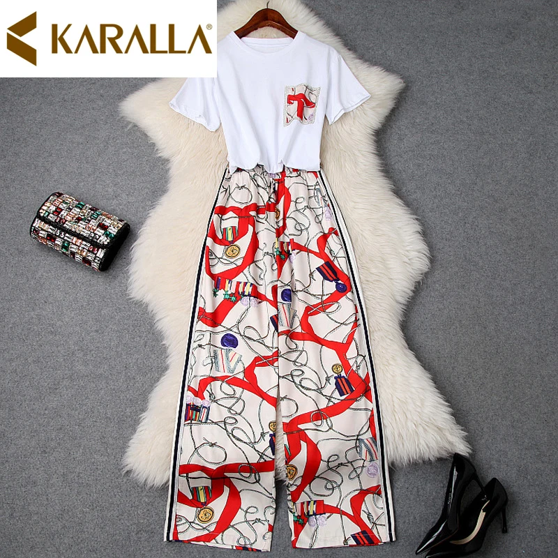 

Elegant OL Two-piece Suit Sets 2019 Spring/Summer Women's New Diamond Short-sleeved T-shirt + Elastic Waist Print Pants C1035