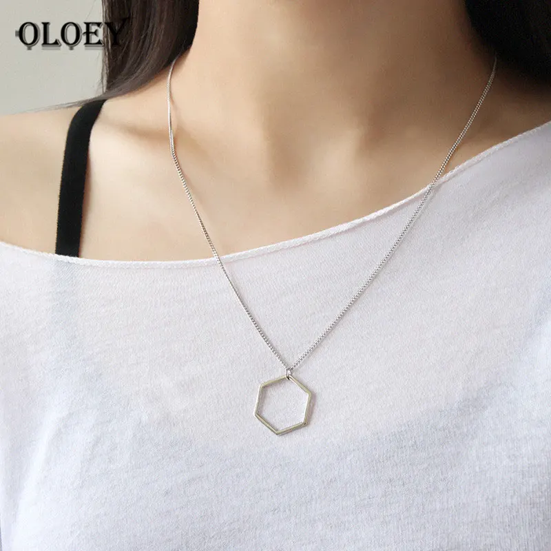 OLOEY, Настоящее серебро, ожерелье для женщин, простая Геометрическая подвеска-шестиугольник, ожерелье, прекрасные вечерние ювелирные изделия, подарки YMN009