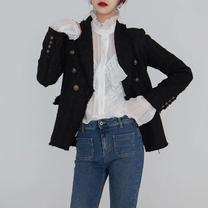 Women's Clothes Spring Retro Tweed Wool Trim Jacket Double Breasted Woman Clothes black Women Coat and Jackets 2019
