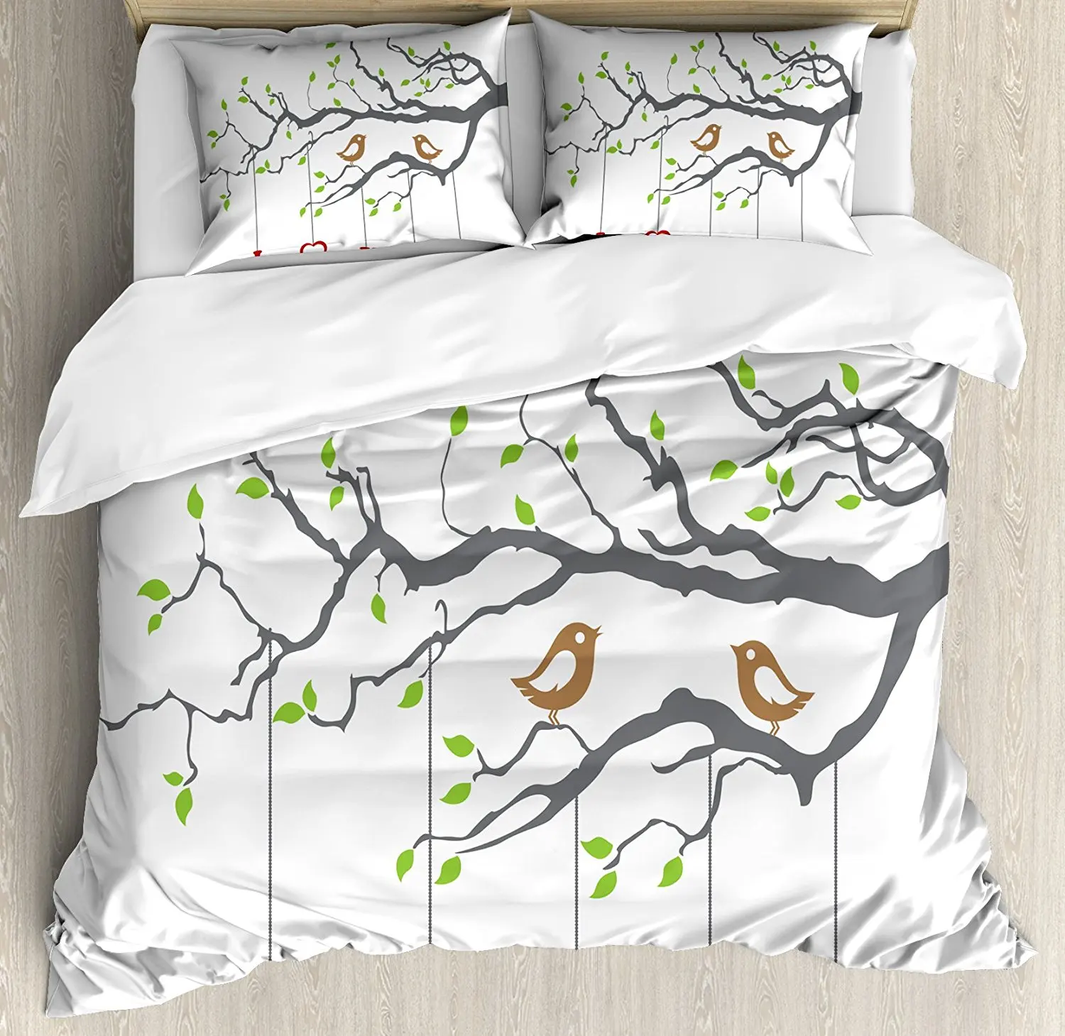 

I Love You Duvet Cover Set , Valentine's Birds on A Tree Branch Romance Spring Inspiration Artwork, 4 Piece Bedding Set