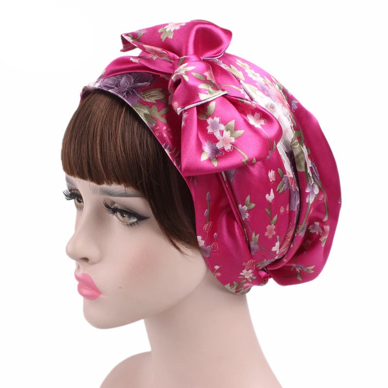 

Womens night sleeping cap head wrap Bowknot Turban Pre Tied Fitted silk satin Bandana Chemo cap Head for hair loss patients