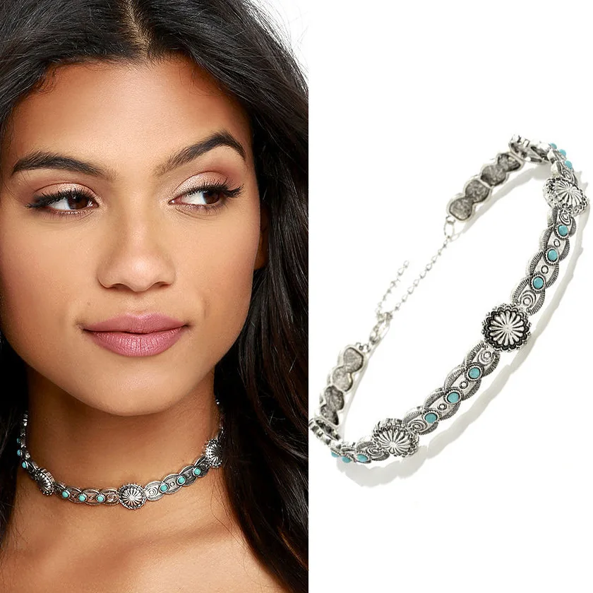 

Retro texture alloy Synthetic Blue Stone Choker Necklace ladies temperament Metal collar clavicle chain Collier Femme