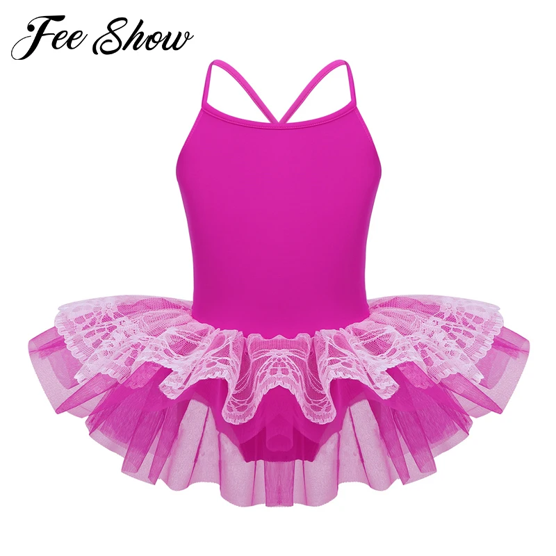 Kids Girls Spaghetti Straps Layered Lace Ballet Tutu Dance Leotard Mesh Dress Gymnastics Children Stage Wear | Детская одежда и