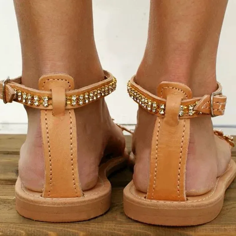 Женская обувь, роскошные сандалии на плоской подошве со стразами, летние пикантные пляжные сандалии-гладиаторы с открытым носком и ремешком на щиколотке, большие размеры, zapatos de mujer