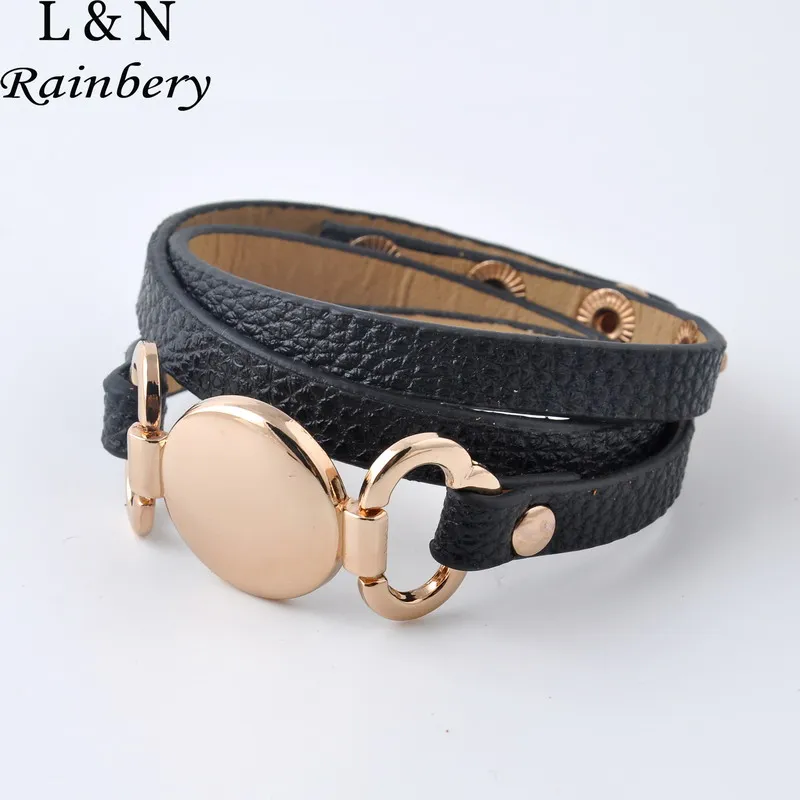 Rainbery Hottest Sale Trendy With Blank Disk Multiple Wrap Leather Bracelet 2016 New Style Monogram Leather Cuff Bracelet