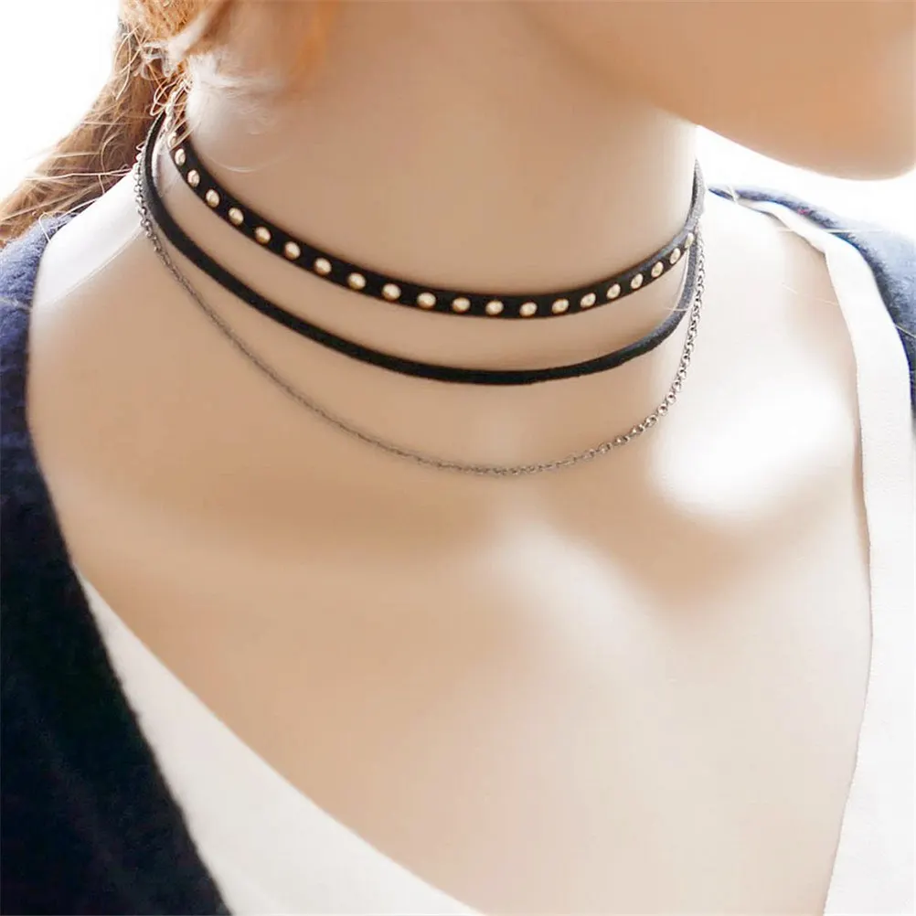 1Pcs Women Black PU Leather Necklace Retro Chain Choker Collar Bib