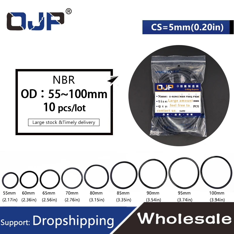 10 Stks/partij Rubberen Ring Zwart Nbr Afdichting O-Ring Cs 5Mm Od55/60/65/70/75/80/85/90/95/100Mm Nitril O Ring Afdichting Oring Pakking Ringen.-