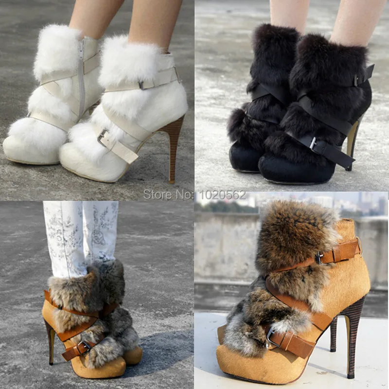 Super High Quality Autumn Winter Rabbit Fur Boots Hourse Hair White