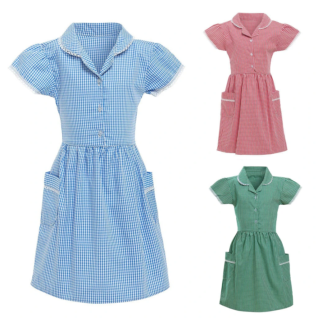 blue and white check school dress