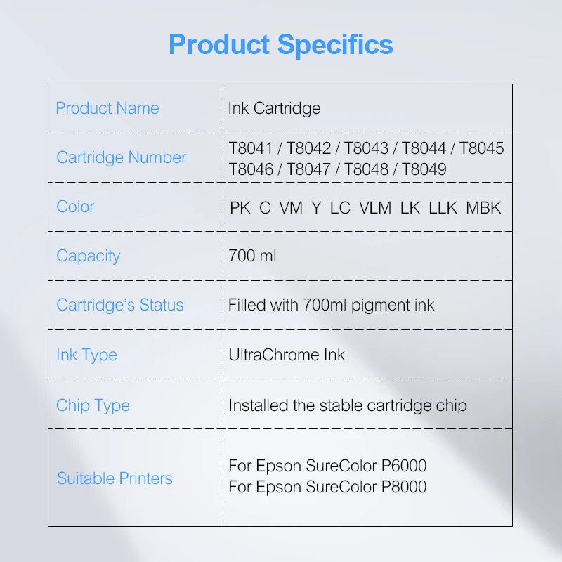 9 цветов/набор T8041-T8049 T8041 T8049 совместимый картридж с пигментными чернилами для Epson SureColor P6000 P8000 700 мл/уп