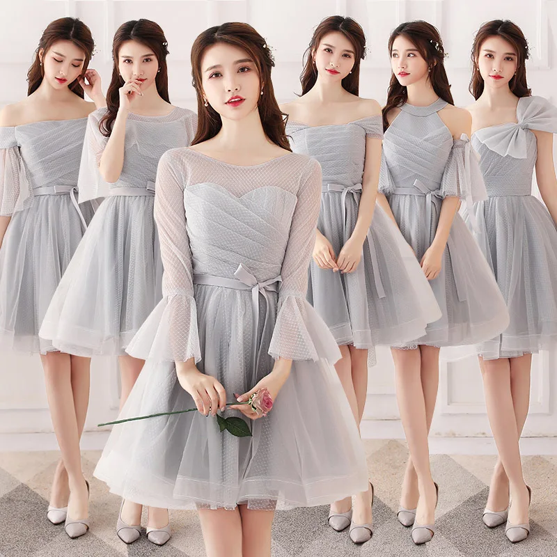 Красота серый кружевное платье подружки невесты 2019 Короткие плюс размеры для женщин трапециевидной формы без рукавов Vestido da dama de honra