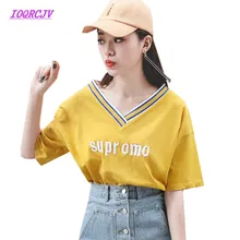 Летние корейские модные топы с v-образным вырезом и короткими рукавами, свободная с печатью, хлопковые топы с открытыми плечами, повседневная женская рубашка