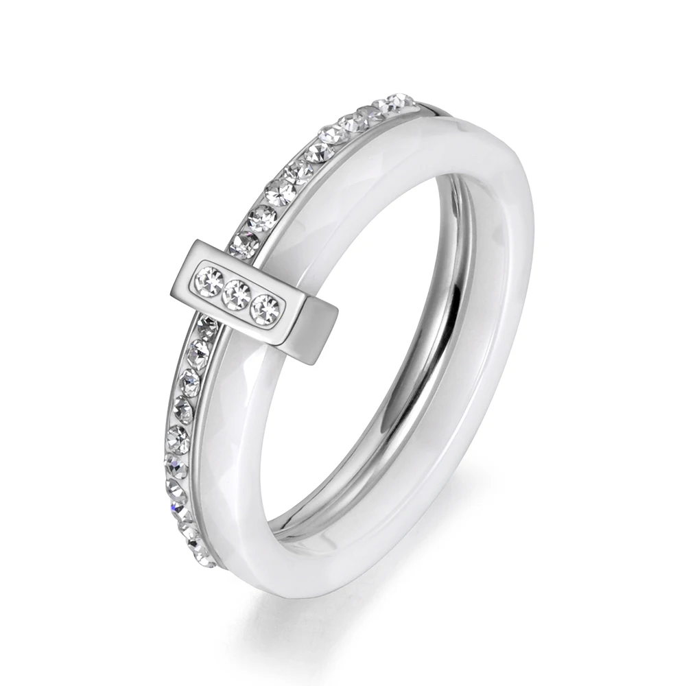 YiKLN 2 слоя черный/белый керамический Кристалл Свадебные кольца ювелирные изделия для женщин девочек розовое золото нержавеющая сталь обручение YR18054 - Цвет основного камня: Steel White