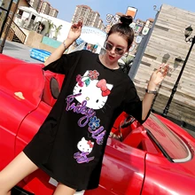 Летняя новая тайская свободная футболка с рисунком кота из мультфильма, блестками и надписью, топ с длинными рукавами, летняя одежда