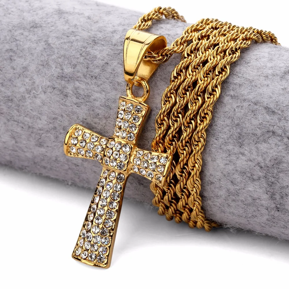 New Dope JESUS CROSS Pendant Rope Chain HipHop Necklace Iced Out High