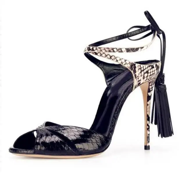 

EMMA KING Women Leather Stiletto Sandals High Heels Female Black fringe Lace Up Shoes Summer Opne Toe Shoes Size 35-43