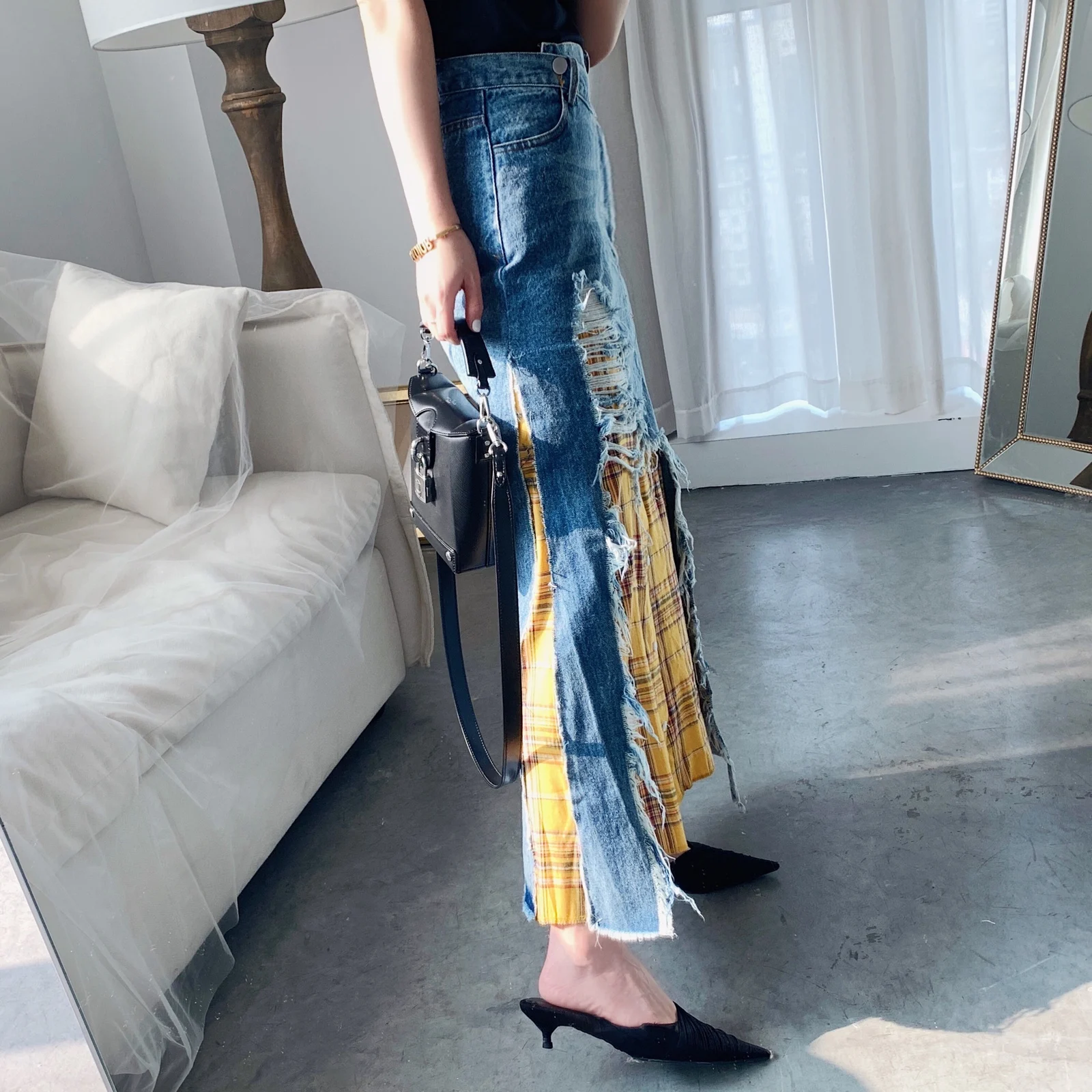 Z-ZOUX, Женская юбка с дырками в клетку, асимметричные джинсовые длинные юбки в стиле пэчворк, летние одинаковые Асимметричные джинсовые юбки, новинка года