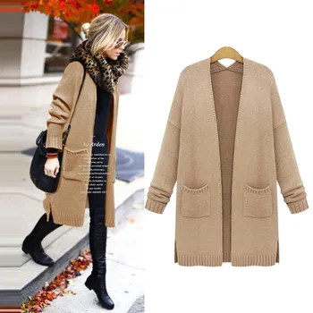 

2018 Autumn Medium Style Large Yards V-Neck Wide Pocket Jacquard Weave Solid Color All Matched Knitwear Cardigan Sweater Coat
