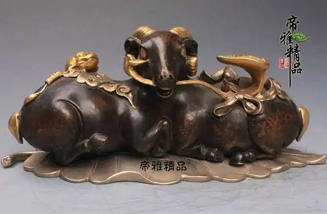 

China Copper Bronze 24K Gild Gold Toad Beast Sheep Goat Auspicious Ruyi Statue