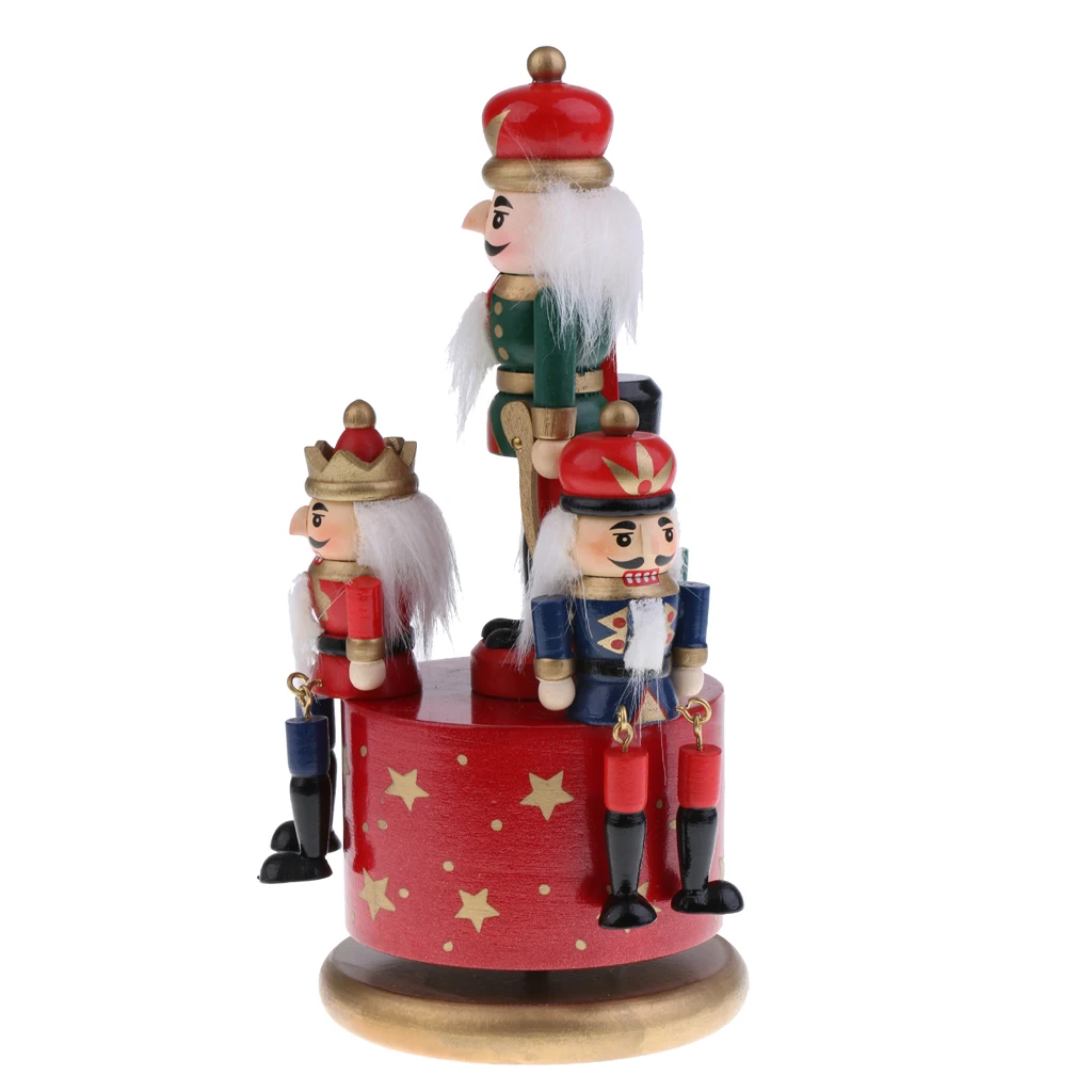  Handmade Wooden Nutcracker Music Box w/ 4 Soldiers on Base for Home Ornament Table Decorations Christmas Decor Display Gift Toy