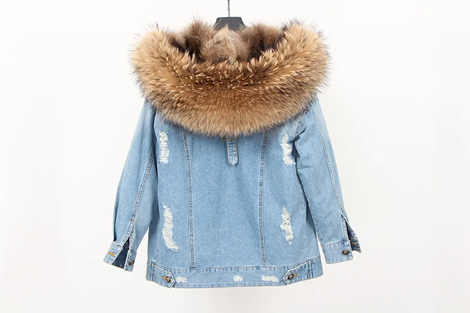 Куртка на подкладке из натурального меха енота, джинсовая свободная модная меховая парка, пальто из натурального меха