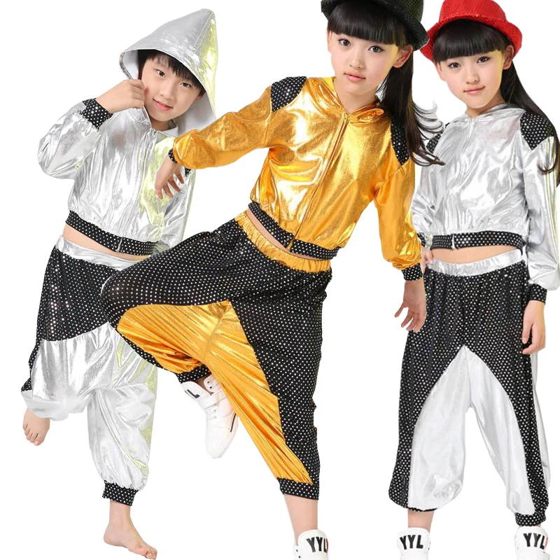 

New Boys Girls Long Sleeve Bright Sequined Hooded Outfits Kids Modern Jazz Hip Hop Dance Costume Top&Pant