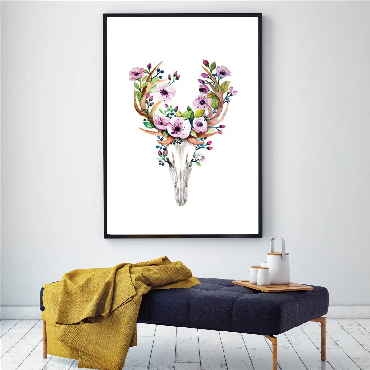 Bohemian Watercolor Deer Skull With Flowers Poster and Prints Wall