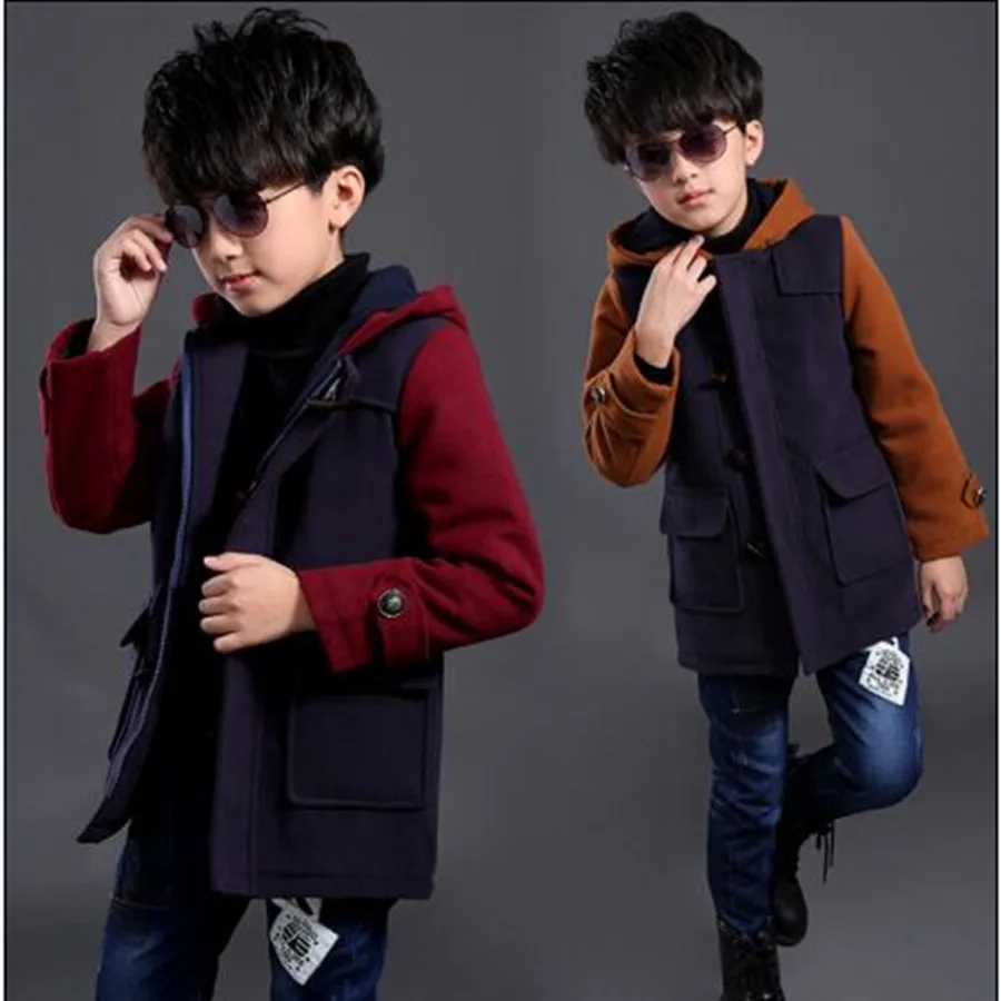 ФОТО 2015 Fashion Winter Boys Wool Jackets Patchwork Long Sleeve Hooded Thicken Warm Medium-Long Children Wool Coats Hot Sale