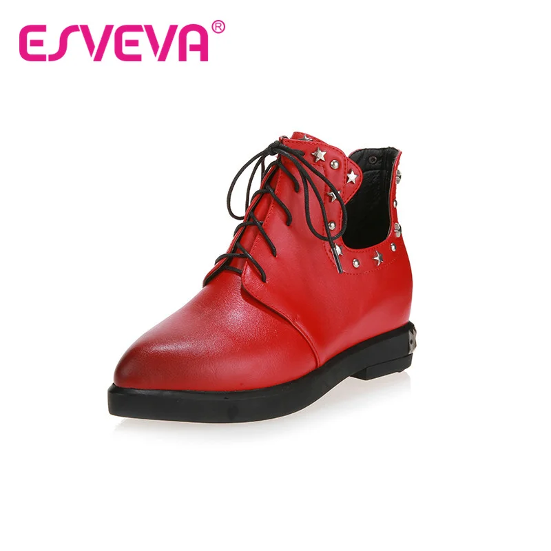 

ESVEVA Rivets Pointed Toe Flat Motorcycle Boots Ankle shoes  Mixed Color Lace Up Metal Heels Winter Women Shoes Size 34-39 Red