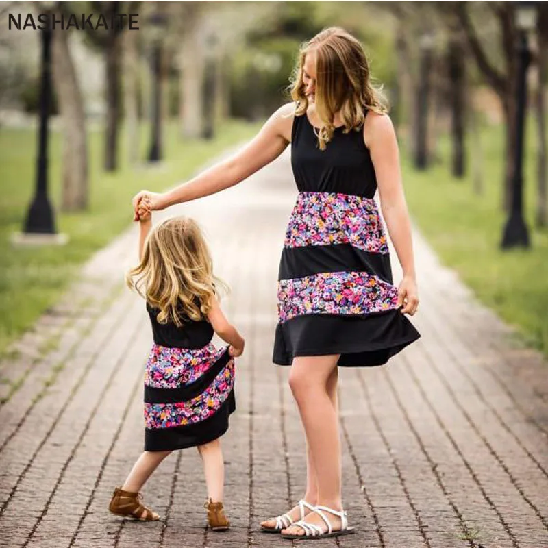

NASHAKAITE mom and daughter dress Patchwork Flroal Print Mini Dress mom and daughter matching clothes Family matching clothes