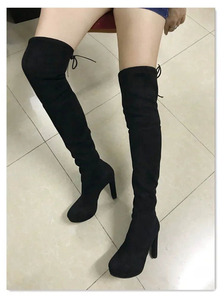 

Classical Style Ladies Sexy Thick Platform Suede Over The knee Boots Female Slip-on Square High Heels Dress Party Shoes Woman