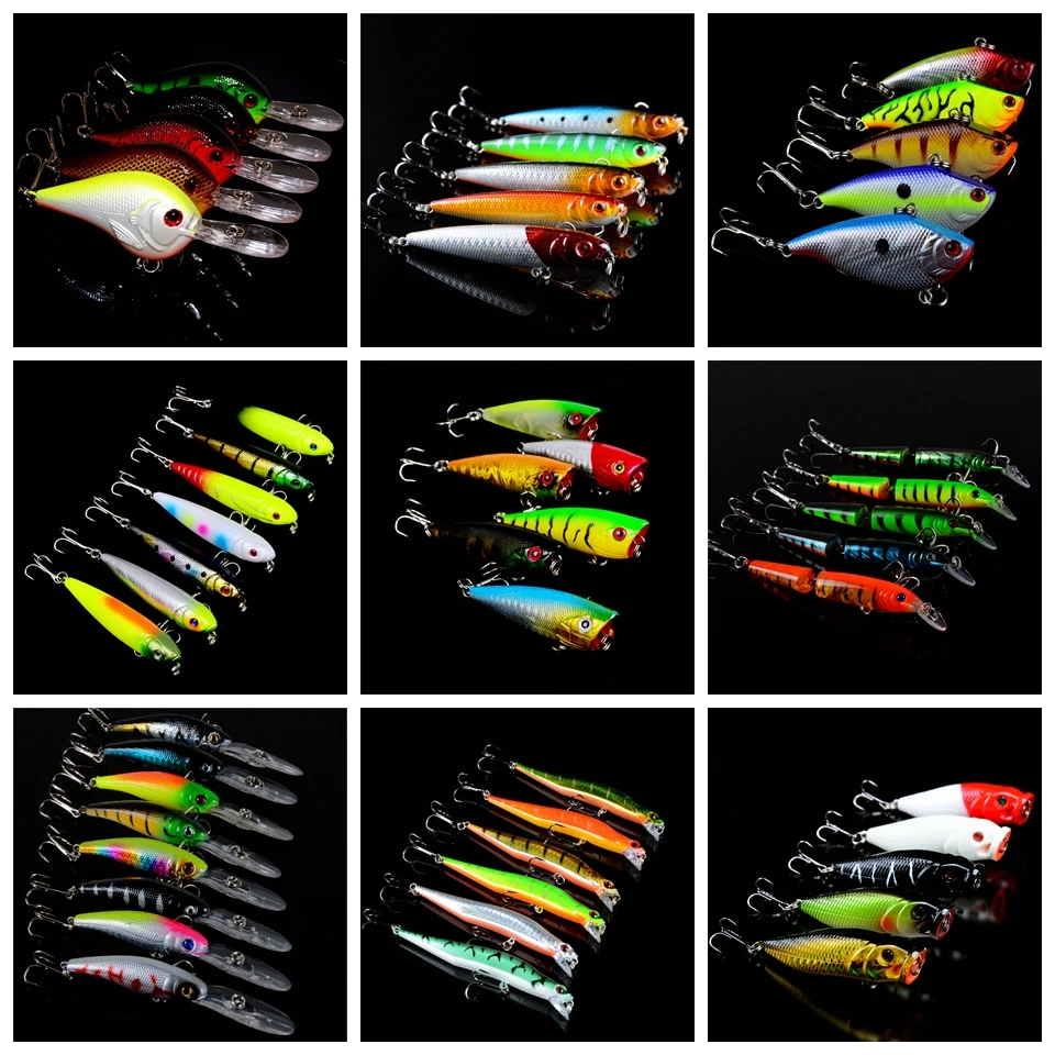 Iscas de Pesca da Carpa Isca de Peixe Lote Mista Minnow Crank Popper Vib Lápis Isca Cores Enfrentar Qualidade Profissional 52 Pçs - 6 High Quality Esporte e Lazer
