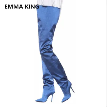 

Fashion Trend Navy Blue Pants Over The Knee Boots Pointed Toe High Heels Stage Dress Shoes Women Crotch Thigh High Boots 2019