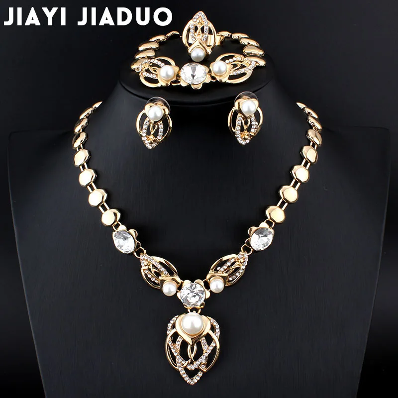 

jiayijiaduo 2017 Imitation pearls Jewelry Set Women Gold Color Wedding Leaves African bead Necklace Earrings Bracelet Ring Sets